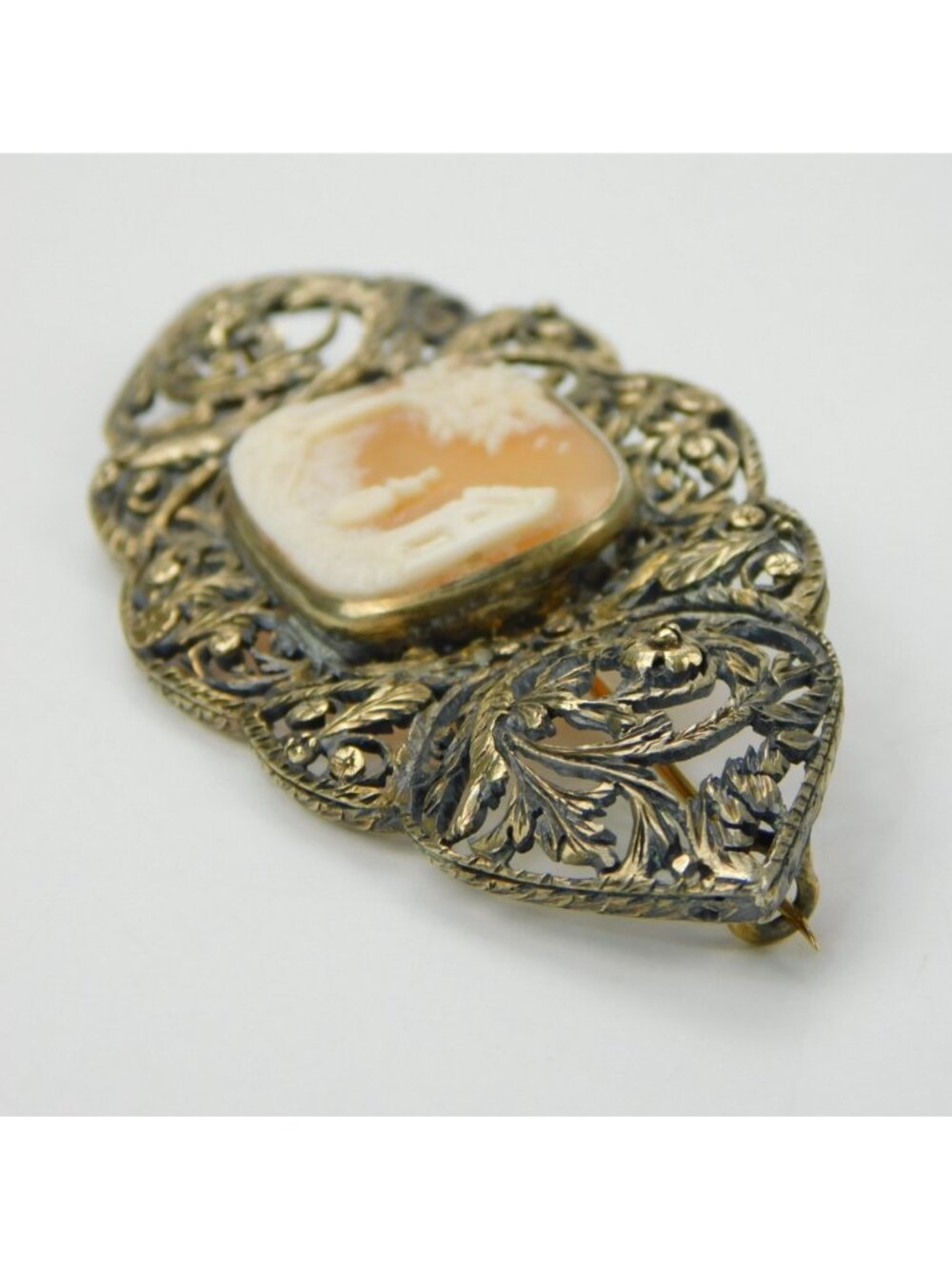 Antique 14k Gold 3.25" Filigree Floral Carved Shell Landscape Cameo Brooch Pin - Picture 10 of 16